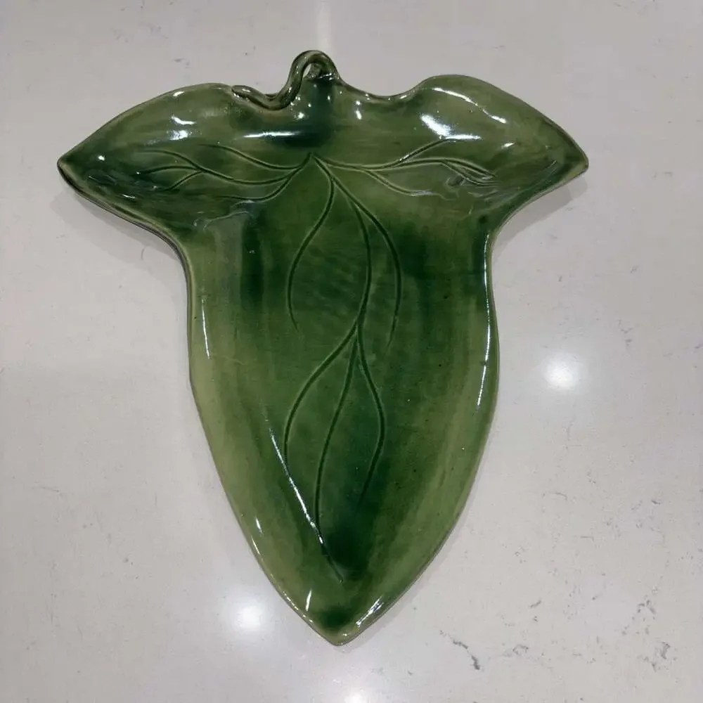 Vintage MCM Studio Pottery Green Ceramic Leaf Serving Tray